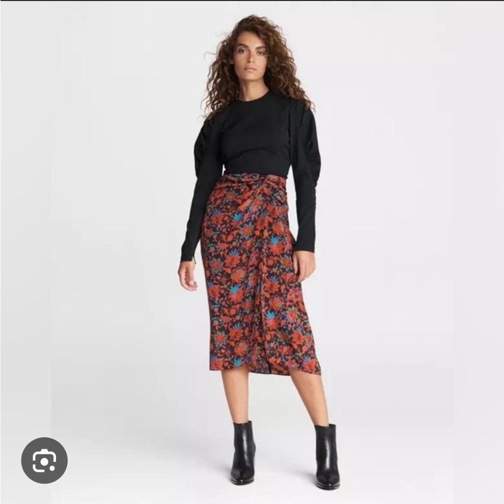 Rag & Bone Women's Red and Blue Floral Midi Skirt 100% Silk Size 2